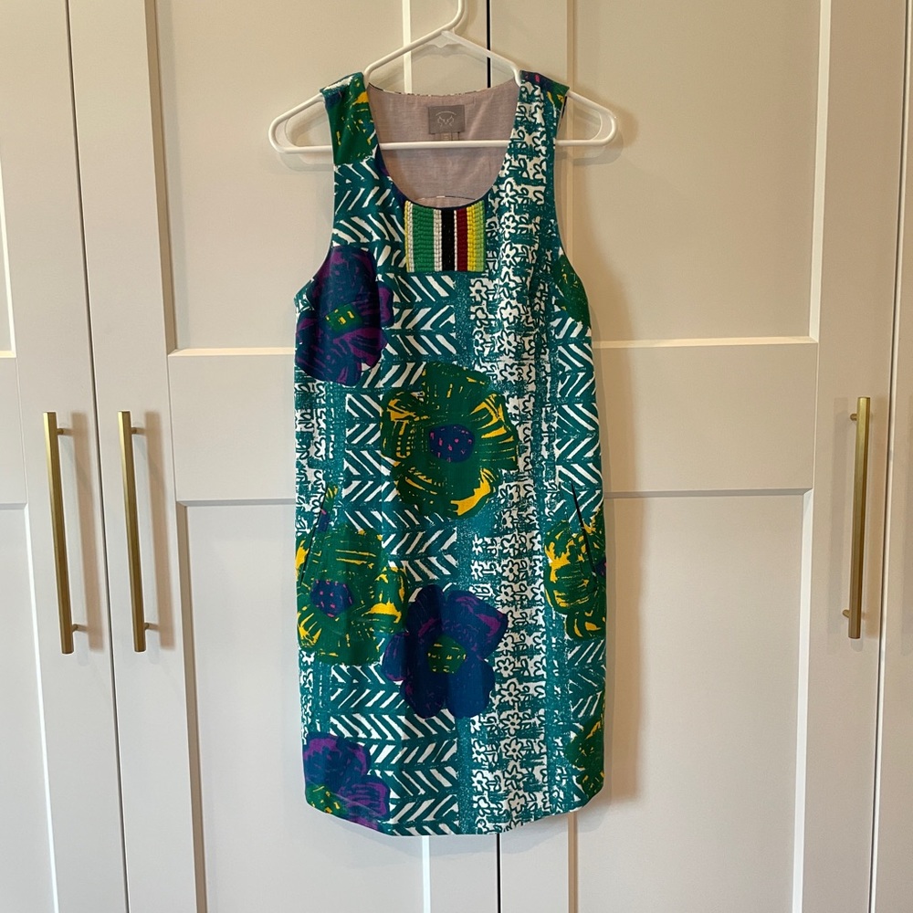 Anthropologie Teal Multi Graphic Hibiscus Shift Dress
